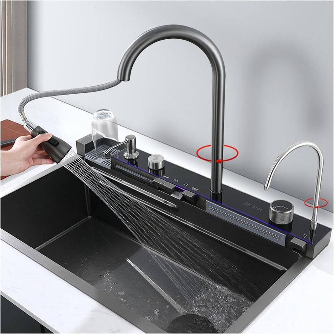 Waterfall Kitchen Faucets, LED Display Kitchen Faucet with Sprayer Gun Gray Faucet for Kitchen Sink 3 Function Kitchen Sink Faucet with Sprayer Kitchen Sink Faucets Deck-Mount