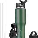 40 oz Insulated Water Bottle with Straw fit in Car Cup Holder(Cold 48 hrs, Hot 24 hrs) Drinking Bottle with Straw Lid, Spout Lid and Flex Cap Leakproof Travel Thermo MugOlive