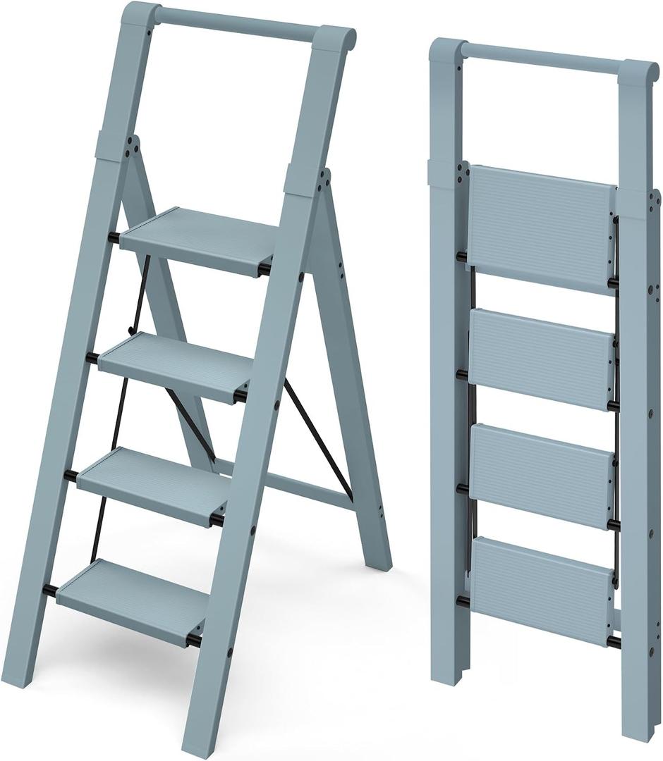 Mayi Plus 4 Step Ladder, Lightweight Folding Step Stool with Convenient Handgrip,Aluminum 330lbs Capacity Step Ladder for Office,Household,Kitchen,Library(Blue)