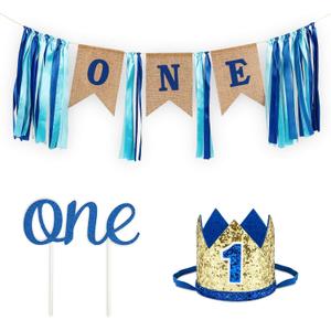 1st Birthday Boy Decorations with Burlap Highchair Banner, Cake Topper, Blue Hat Crown for Happy First Birthday Party Decoration Supplies