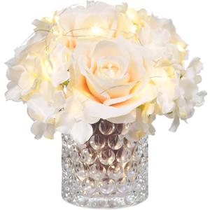 Rose Silk Flower Arrangement Artificial Vivid Rose in Glass Vase with LED Light Elegant Centerpiece for Home Wedding Bathroom Table Shelf Decoration (Champagne)