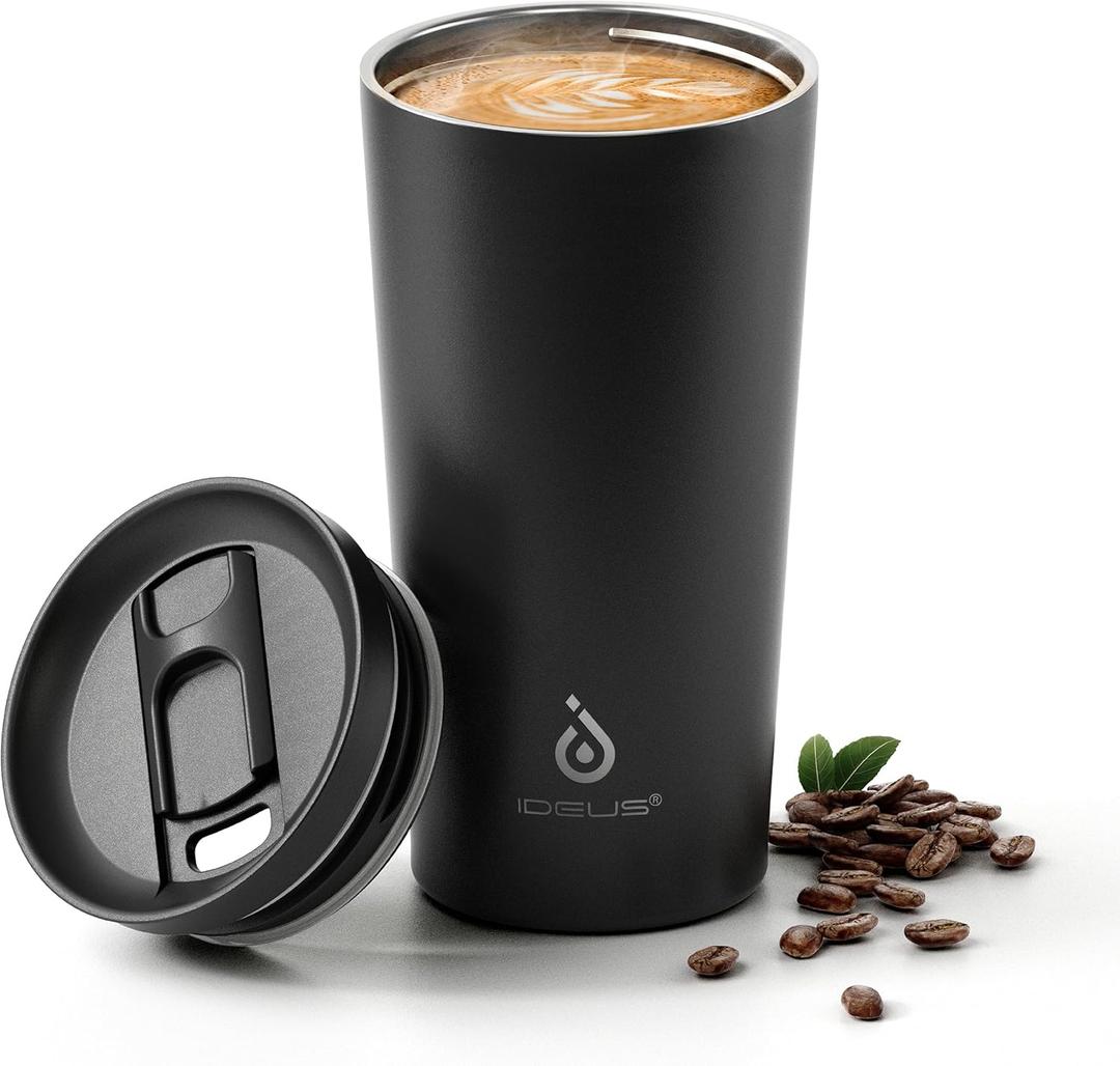 Ideus 17 oz Travel Coffee Mug, Double Wall Vacuum Stainless Steel Insulated Coffee Tumbler With Lid, Splash-Proof & Cup Holder Friendly, Keeps Drinks Hot/Cold, Dishwasher Safe, Black