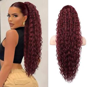 SEIKEA Ponytail Extension, 30" Long Lightweight Full Natural Curly Drawstring Ponytail Fake Pony Tail Multi Layered Soft Clip in Hair Extensions Synthetic Hairpiece Burgundy