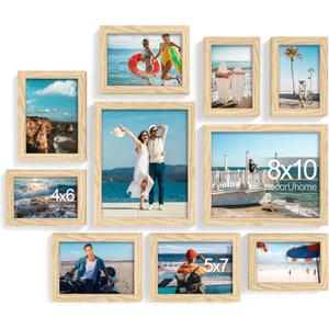 decorUhome Picture Frames Collage Wall Decor for Photo Gallery Display, Assorted Picture Frames set of 10 Including Two 8x10 / Four 5x7 / Four 4x6 for Family Wall Decor, Natural, 10 Pack