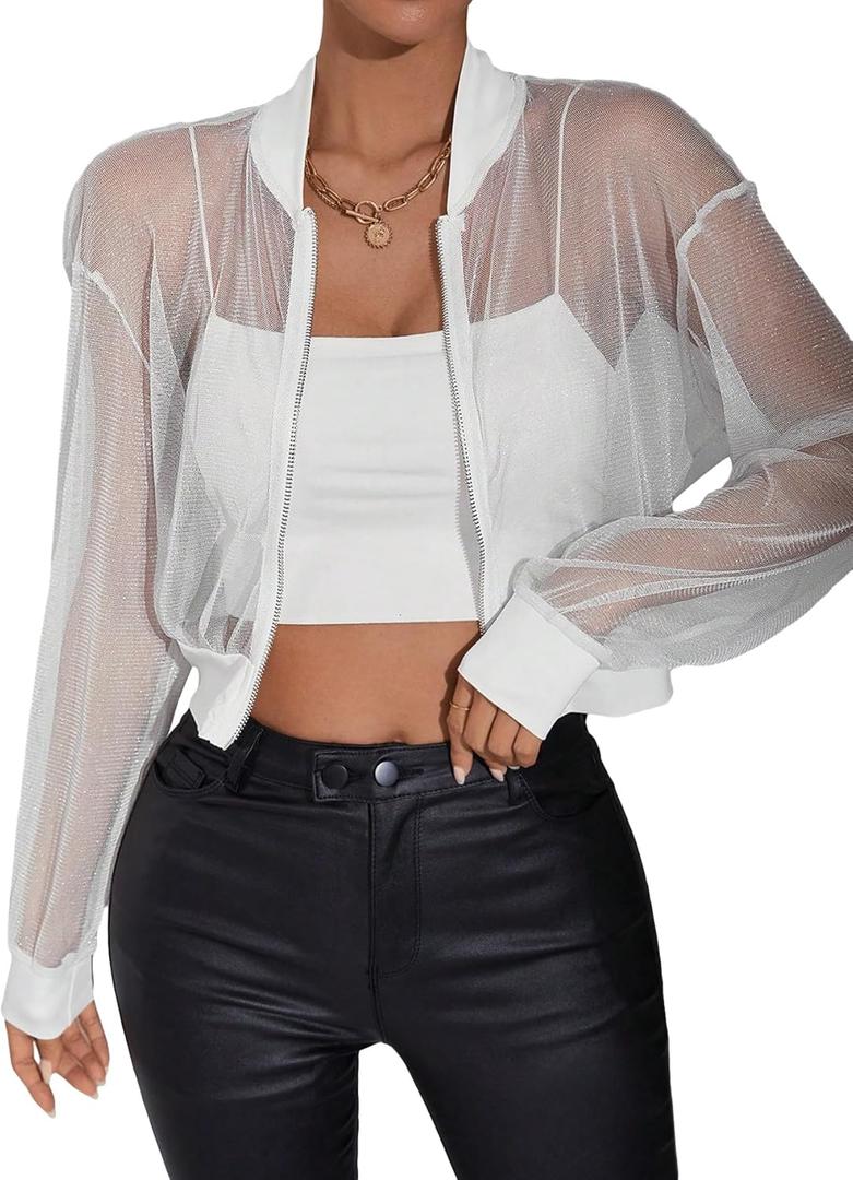 WDIRARA Women's Zip Up Glitter Mesh Bomber Jacket Drop Shoulder Long Sleeve Coats (Large, White)