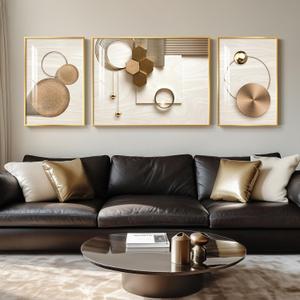 Extra Large Framed Modern Luxury Wall Art for Living Room, 3 Piece Bright Style Bronze Gold Abstract Geometric Prints Wall Paintings Artwork for Walls, Gold Framed Wall Pictures for Hallway Stair Office Wall Decor, Size: 30" H x 80" W