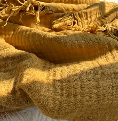 KyraHome 100% Organic 90"x90" Queen Cotton Throw Blanket for Couch, Adult, Soft Muslin Blanket, Pre-Washed Plant Dyed, Breathable Lightweight Summer Gauze Blanket, Mustard Yellow