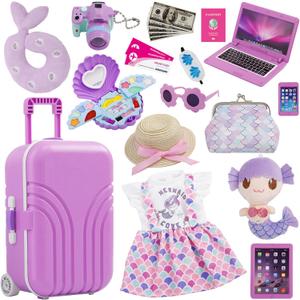 18 Inch Doll Suitcase Travel Luggage Play Set, Mermaid Theme Travel Carrier Storage Accessories for 18inch Doll, Include Case, Clothes, Hat, Sunglasses, Camera, Pillow, Toy Pet