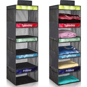 2 Pack Weekly Clothes Organizer for Kids Shelf Hanging Closet Organizer Dividers Collapsible Hanging Closet Dorm Bedroom Essential for Clothes Sweater Baseball Hat(Dark Grey)