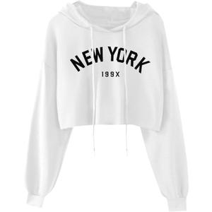 Hilinker Women's Graphic Cropped Hoodies Pullover Casual Cute Long Sleeve Workout Tops White NEW YORK Medium (White, M)