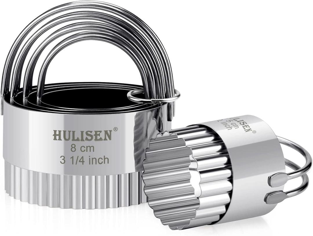 HULISEN Biscuit Cutter Set (5 Pieces/Set), Stainless Steel Round Biscuit Cutters with Handle, Wave Cookies Cutter with Fluted Edge, Professional Baking Dough Tools, Gift Package (Wave)