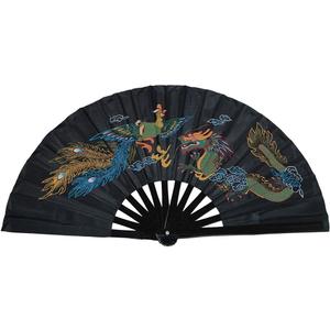 Chinese Kung Fu Tai Chi Fan Arts Dance/Practice Performance Bamboo Folding Fan (Dragon and Phoenix Black Background), 33 cm