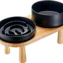 Ceramic Slow Feeder and Water Bowl Set for Medium and Large Dogs, Ceramic Dog Bowls Elevated with Wooden Stand, 2.0 Cups Dog Slow Feeder(30oz) and 70oz Water Bowl Set, Black
