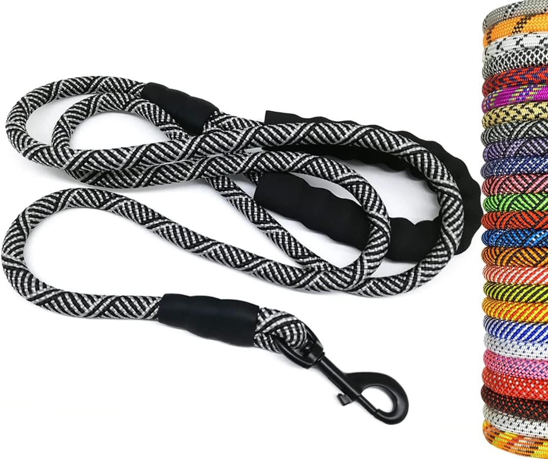 MayPaw Rope Dog Leash 3/4/5/6/7/8/10/12/15/20/30 FT, Heavy Duty Nylon Pet Leash, Soft Padded Handle Thick Lead Leashes for Large Medium Dogs (Black, 1/2" * 7')