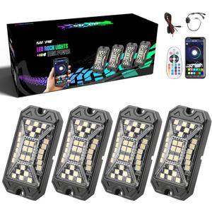 SUNPIE 4 Pods RGBW Rock Lights, Full Beam Angle, 30 High Power Chips, Aluminium Metal, Includes Mounting Pads, IP67 Waterproof, Music Mode Underglow Lights for Off Road Truck SUV ATV UTV Boats