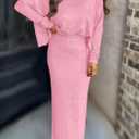 PRETTYGARDEN Women's Fall 2026 Two Piece Matching Skirt Sets Long Sleeve Tops Maxi Long Slit Bodycon Skirts Vacation Outfits (Pink, XL)
