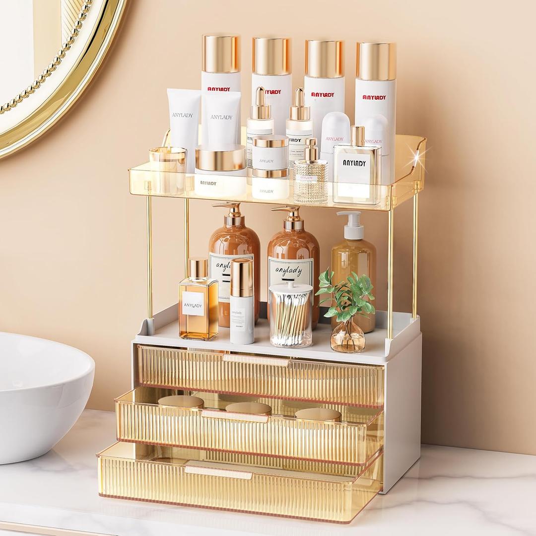 Anylady Bathroom Organizers and Storage, Makeup Organizer (Sturdy Durable Attractive), Ideal for Vanity, Countertop, Counter, Perfume, Skincare, Cabinet, Cosmetic, Dresser Organizer (Gold) (3 Drawers)
