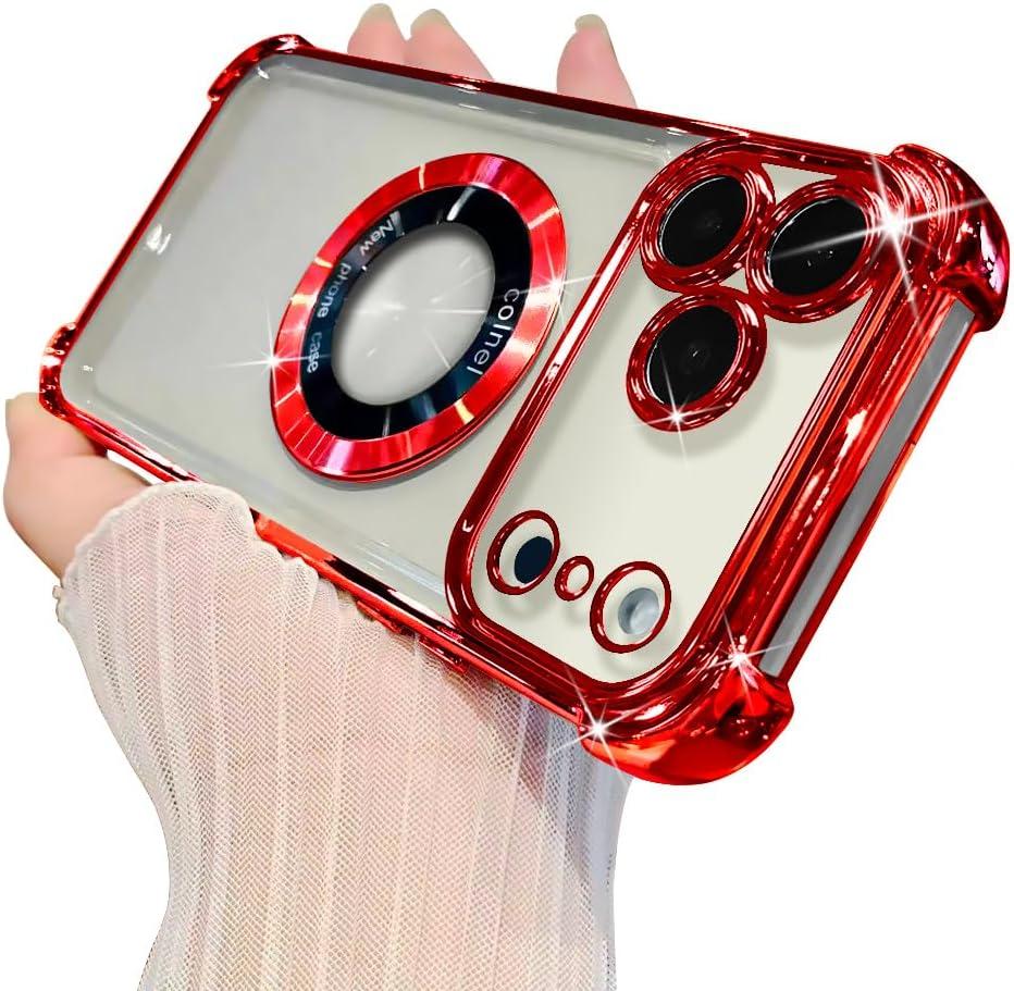 Eiyikof for iPhone 17 Pro Case Magnetic Transparent Case,Luxury Bling Four Corners Shockproof Military-Grade Protection with Camera Lens Protector MagSafe Clear Plating Cover for Women Men-Red