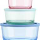 Pyrex Colors (3-Pack, Medium) Tinted Glass Round Food Storage Container Set, Snug Fit Non-Toxic Plastic BPA-Free Lids, Freezer Dishwasher Microwave Safe, 2 Cup, 4 Cup & 7 Cup (Pink, Aqua, Blue)