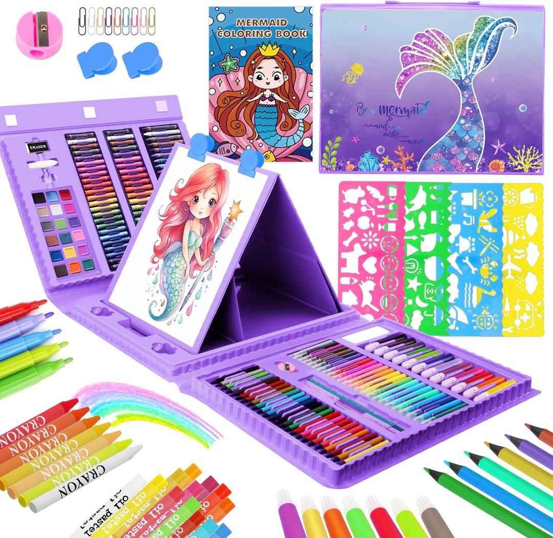 homicozy Art Supplies for Kids Ages 4-12,Mermaid Drawing Sets Art Case, Coloring Kits with Double Sided Trifold Easel, Crayon, Colored Pencil, Marker, Coloring Book, Drawing Stuffs Gifts for Girls Age 4-6-8