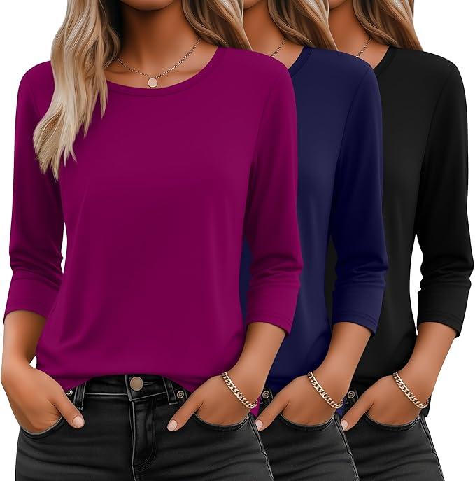 ficerd  Ficerd 3 Pack 3/4 Sleeve Tops for Women Round Neck Dressy Basics Tees Casual Trendy Loose Fit T Shirts, Large