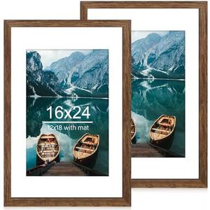 Hongkee 16x24 Frame Set of 2, Rustic Brown Wood Style - Display 16 x 24 Picture without Mat or 12x18 Picture with Mat, Wall Mounting Horizontal and Vertical
