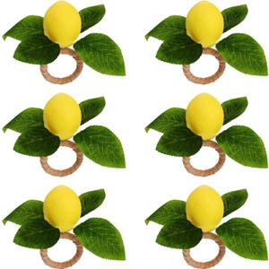 Lemon Napkin Rings Set of 6, Faux Lemon Summer Farmhouse Napkin Ring Holder for Dining Table Decor Banquet Wedding Birthday Thanksgiving Christmas Easter Holiday Table Decorations
