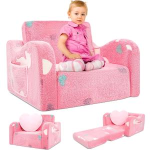 Comfy Toddler Chair and Couch for Kids,2-in-1 Soft Plush Fold Out Sofa for Playroom Pink