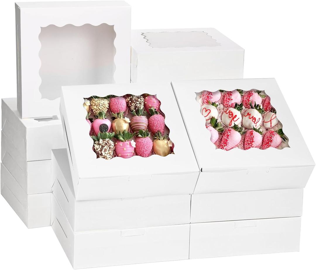Moretoes 30pcs Bakery Boxes, 8x8x2.5 Cookie Boxes with Window, White Treat Containers for Donuts, Chocolate Strawberries, Pie