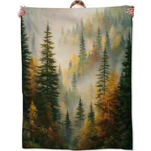 Misty Autumn Forest Blanket, Fall Tree Blankts, Gifts for Women and Nature Lovers, Home Dorm Cabin Pet Area Picnic and Travel Decor, Soft Cozy Lightweight Flannel Throw,  50x60 inch, Autumn Forest