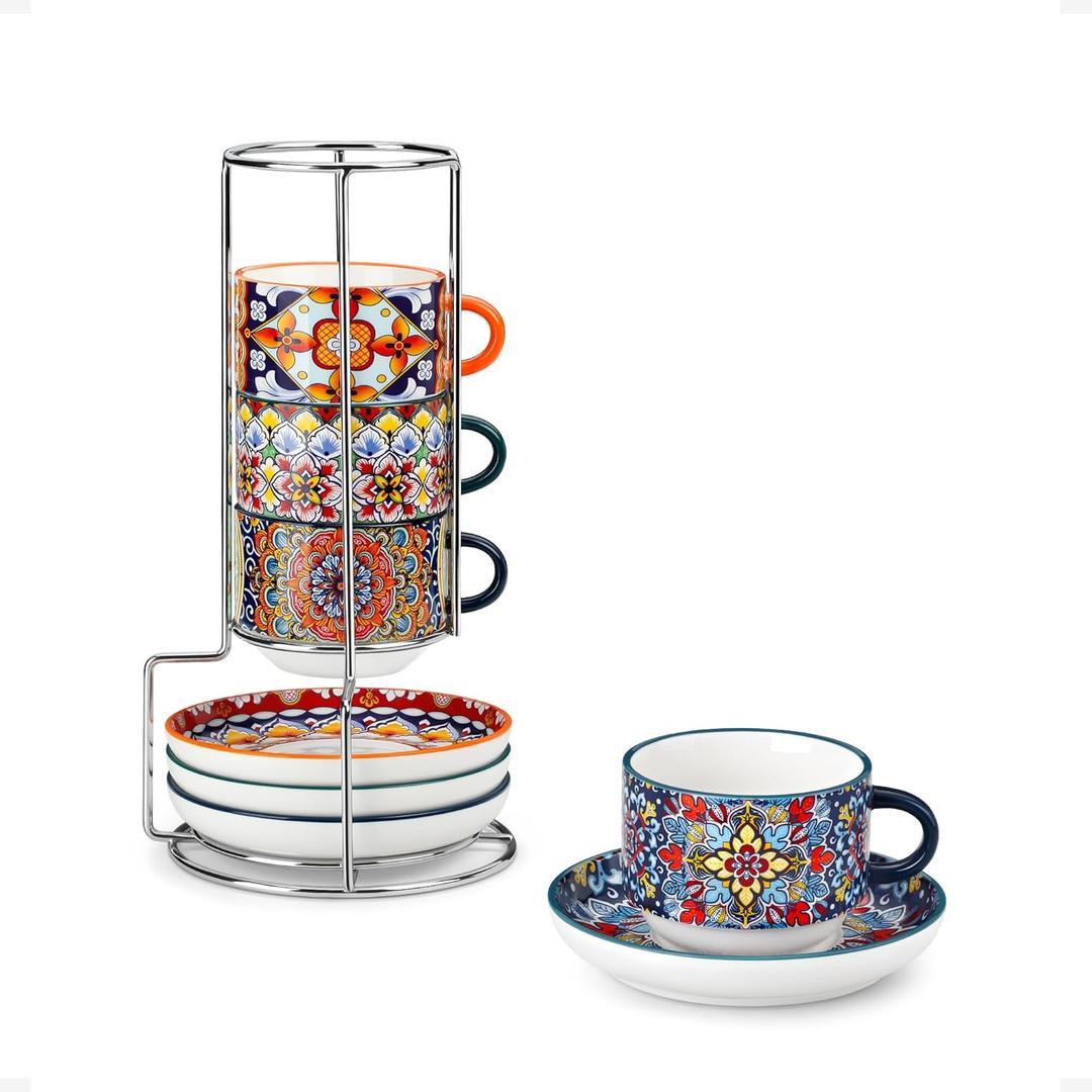 vancasso 2.5 Oz Stackable Espresso Cups with Saucers and Metal Stand Set of 4,Bohemian Ceramic Cappuccino Cups - Microwave and Dishwasher Safe, Perfect For Tea, Espresso, Latte, Cafe-01