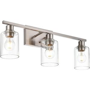 Metal Brushed Nickel 3 Lights Wall Light,Indoor Vanity Light Fixture with Clear Glass Shade Farmhouse Bathroom Lighting Fixtures Over Mirror for Porch Workshop