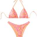 WDIRARA Women's 2 Piece Floral Striped Bikini Set Halter String Thong Swimsuit High Cut Bathing Suit L