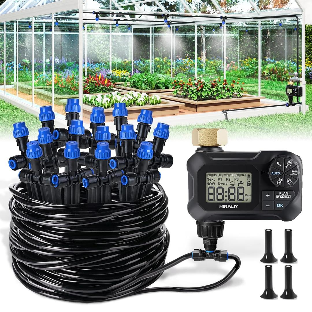 HIRALIY 59FT Greenhouse Misting Drip Irrigation Kit with Garden Timer, Hanging Plant Watering System, with Tubing, Misting Nozzles, and Water Timer, Quick Connector Design Automatic Irrigation System