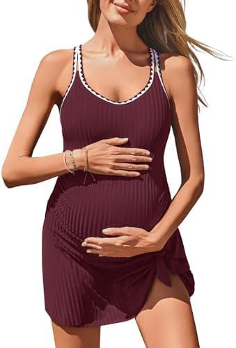 Summer Mae Ribbed Maternity One Piece Swim Dress Pregnancy Swimsuit with Built-in Bottom Swimwear Tie Knot Skirt Bathing Suit (Color: Wine Red) (Size: Medium)