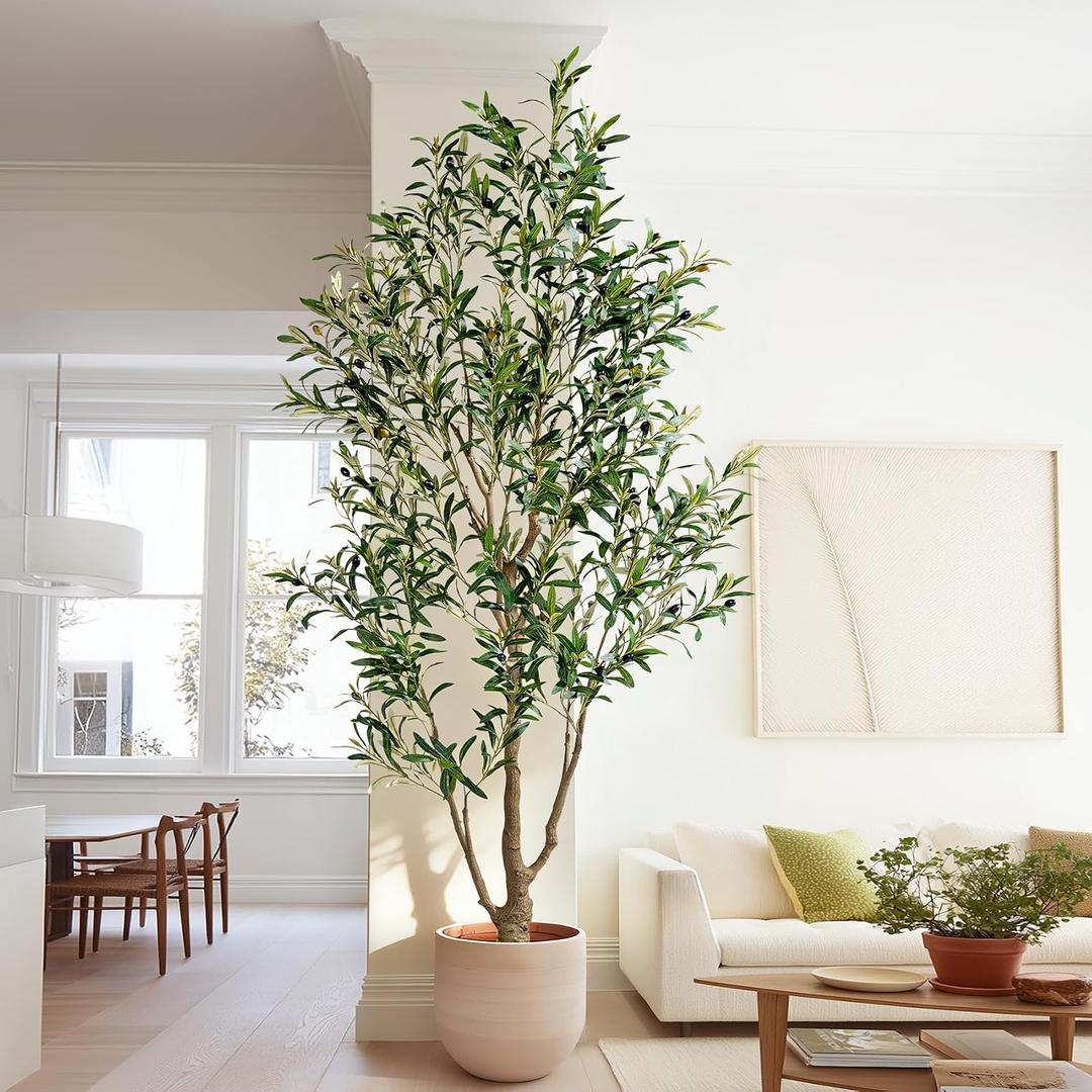 6FT Artificial Olive Tree with Realistic Leaves & Natural Trunk, Faux Silk Olive Plant in White Planter, Tall Fake Tree for Modern Home Office Living Room Entryway Corner Decor, Maintenance Free