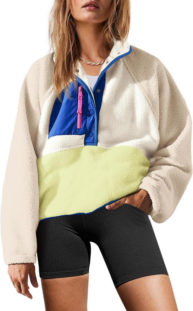 Yanekop Womens Fuzzy Fleece Pullover Sherpa Sweatshirt Long Sleeve Button Down Sweater Winter Fleece Jacket with Pockets (Large, Beige Khaki Blue)