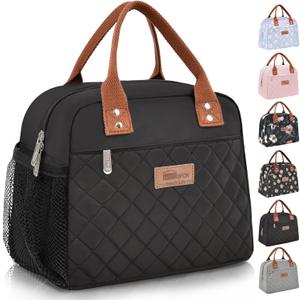 HOMESPON Insulated Lunch Bag for Women Men Adults Lunch Tote with Front Pocket Lunch Box Container Cooler Bag for Work Picnic (Black with Side Pockets)