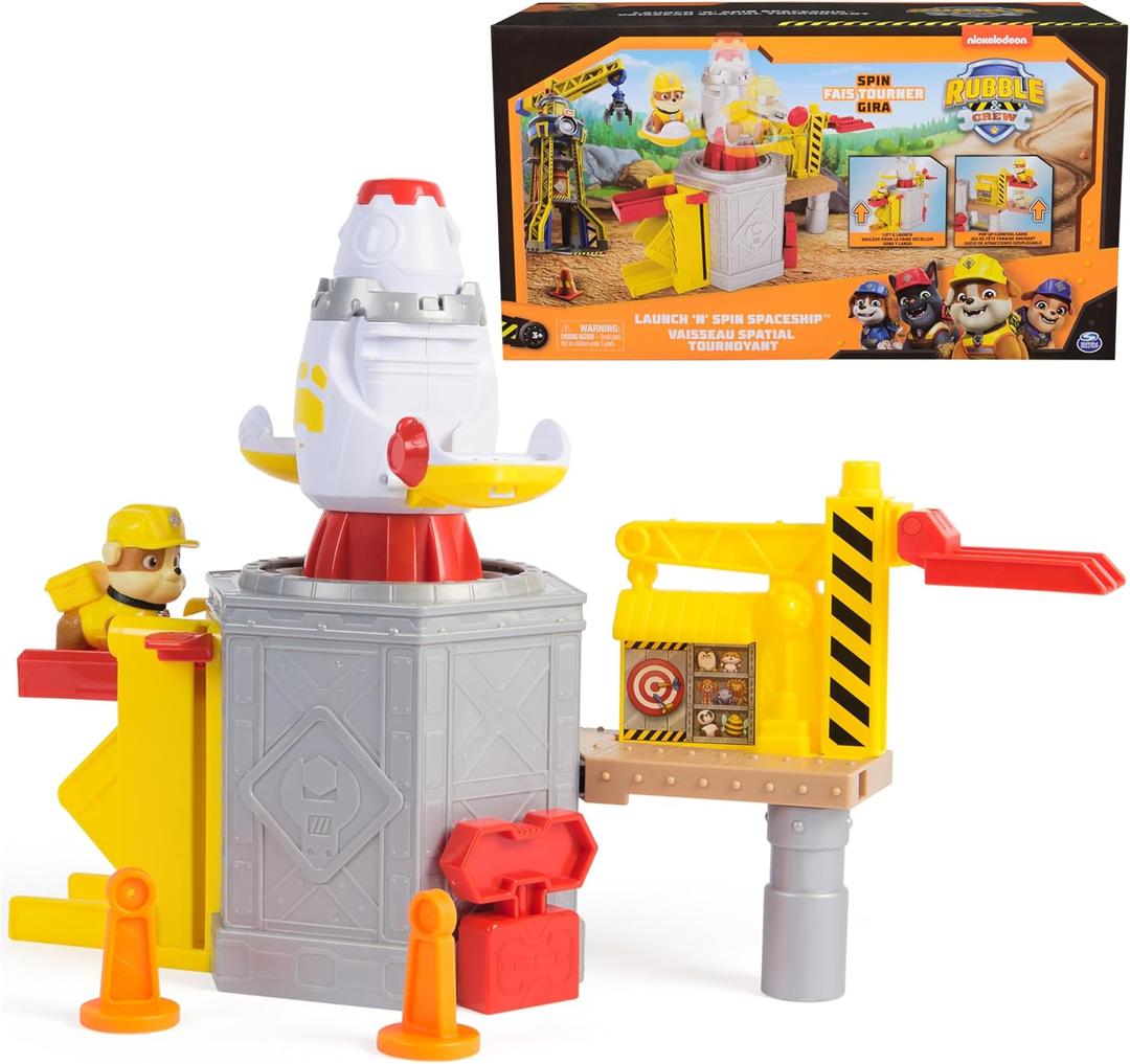 Rubble & Crew, Launch & Spin Spaceship Playset with Rubble Toy Figure in Construction Uniform, Kids Toys for Boys & Girls Ages 3 and up