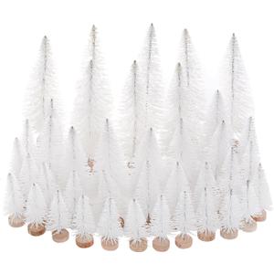 Yookat 40Pcs Mini Christmas Trees Artificial Mini Pine Trees with Wood Base Sisal Trees Bottle Brush Trees Assorted Color for Christmas Decoration Winter Ornaments (White)