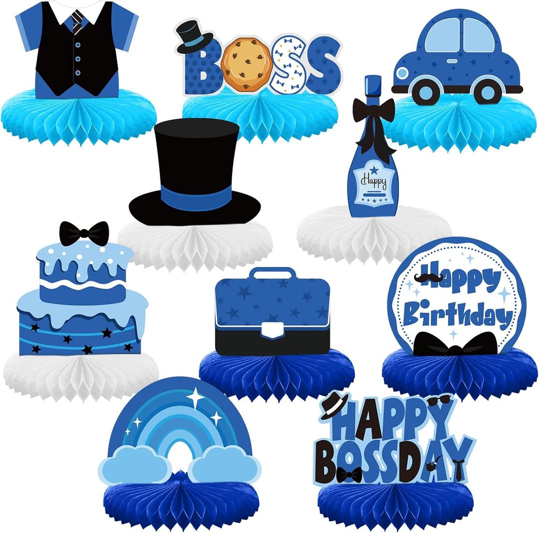 SATINIOR 10 Pcs Boy Table Centerpieces Boss Party Decorations Happy Birthday Boys Leader Blue Honeycomb Centerpieces Boss Cake Topper for Shower Newborn Day Party Supplies