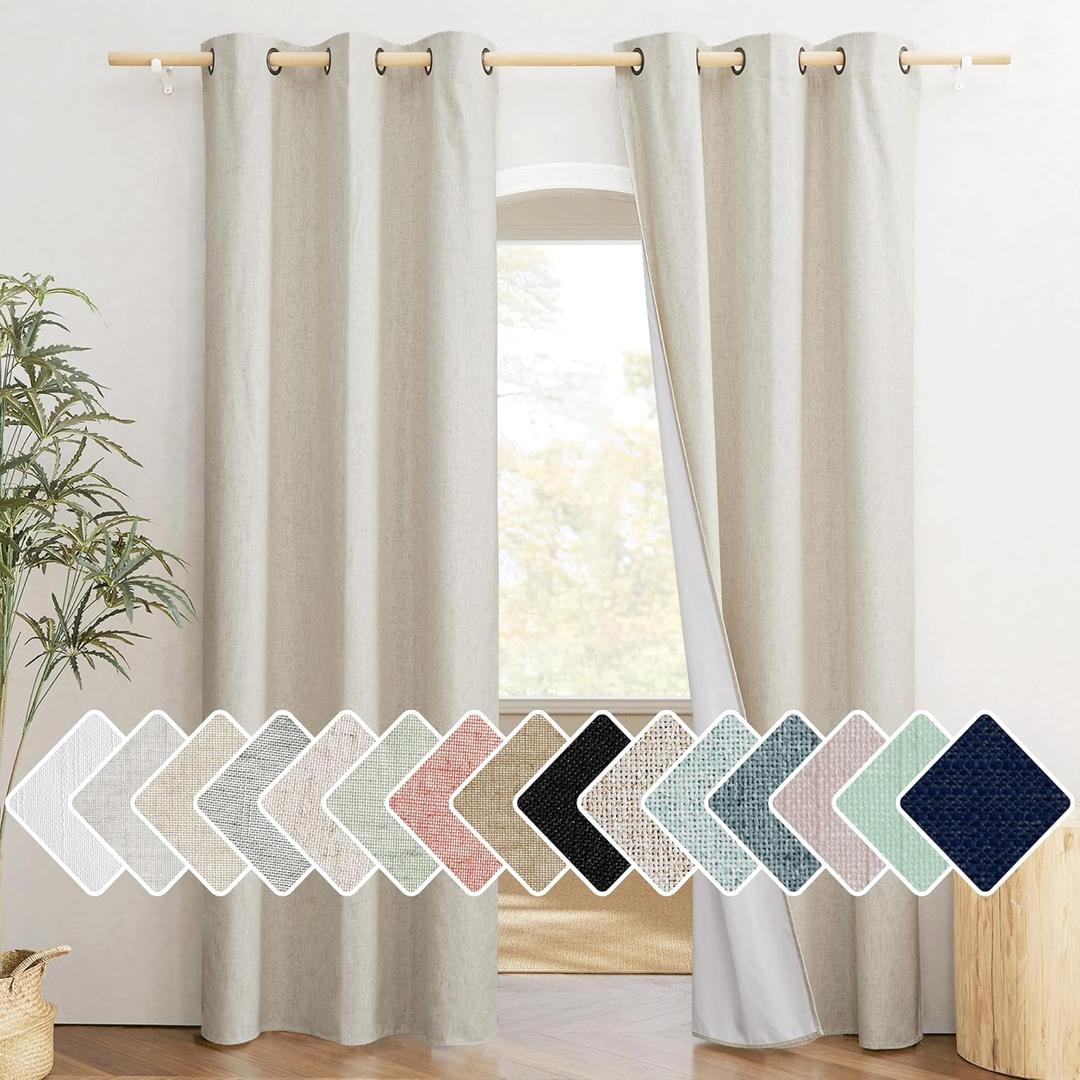 NICETOWN Natural Full Blackout Boho-Chic Linen Curtains 84 inch Long 2 Panels Set for Cafe Window, 42 inch Wide, Thick Linen Blend Drapes, Insulated Window Covers Draperies with White Backing