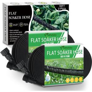 Flat Soaker Hose 100ft, Garden Hose with Heavy Duty Double Layer Design, Drip Irrigation Hose Saves 80% Water, Leak Proof Sprinkler Hose for Garden, Lawn, Vegetable plot (50ft x 2)