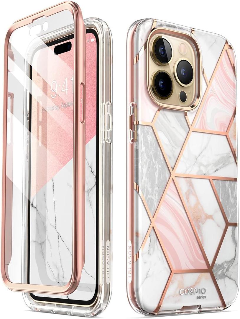 i-Blason Cosmo Series for iPhone 14 Pro Max Phone Case 6.7 inch (2022), Slim Full-Body Stylish Protective Case with Built-in Screen Protector (Marble)