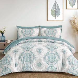 WONGS BEDDING Aqua Comforter Set King Size, Damask Texture 7 Pieces Bed in a Bag Microfiber Bohemian Comforter Bedding Sheet Set with Comforter, Flat Sheet, Fitted Sheet, Pillow Shams, Pillowcases