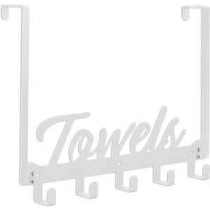 Over The Door Hooks, Towel Rack for Bathroom & Bedroom, Heavy Duty Over Door Towel Hanger with 5 Coat Hooks, White