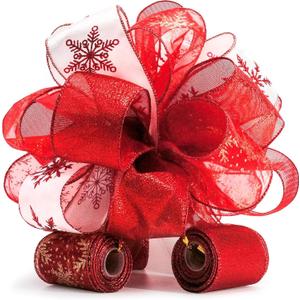 Christmas Tree Topper Bow - Bow: 11" sq. - Tails: 3 Yards Long Each - Red Snowflake