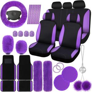 Woanger 47 Car Seat Cover Full Set for Women Included Car Front Rear Seat Fluffy Steering Wheel Cover Belt Automotive Floor Mats Air Conditioner Decoration Strip Universal(Purple Black)