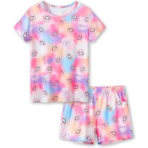 Beezizac Neon Tie Dye Spiral Pattern/Butterfly Pajamas for Girls Tee & Shorts PJ Set Size 6-18 (12, Multi-colored Face)