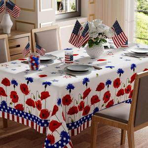 America Stars Red Blue Flowers Patriotic 4th of July Memorial Day Independence Day Tablecloth Square Washable Table Covers for Home Party Decorations 60x60 Inch